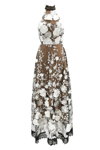 Halter Floral Black & White Midi Dress