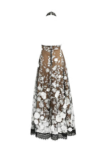 Halter Floral Black & White Midi Dress