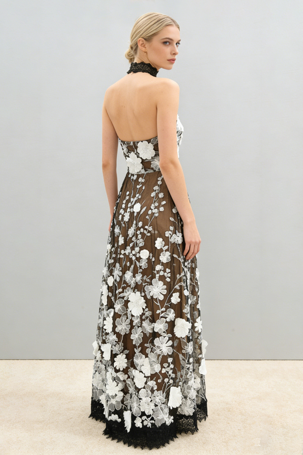 Halter Floral Black & White Midi Dress