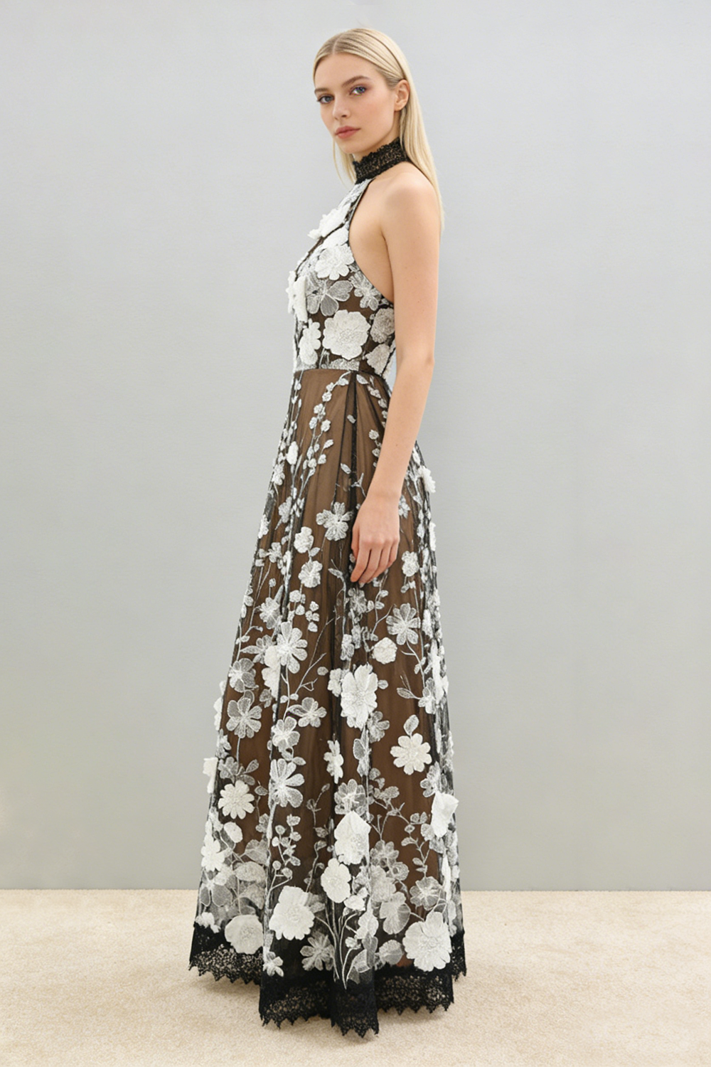 Halter Floral Black & White Midi Dress