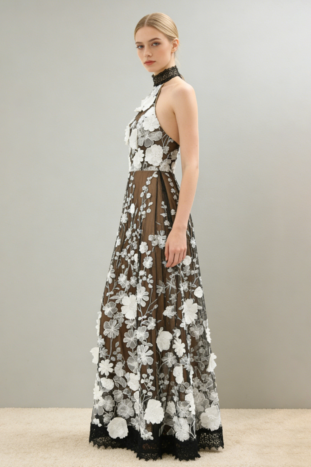 Halter Floral Black & White Midi Dress