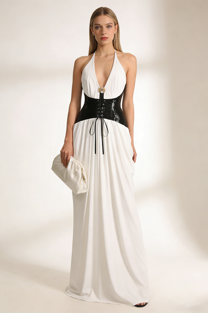 Halter Neck Ruch Lace Up Gown