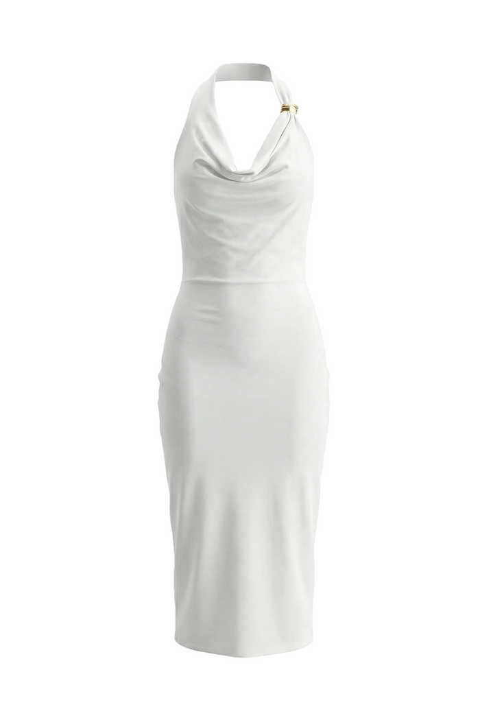 Halterneck Ruched Midi Dress in White
