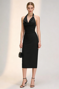 Halterneck Ruched Midi Dress in Black