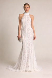 Halter Open Back Lace Wedding Gown