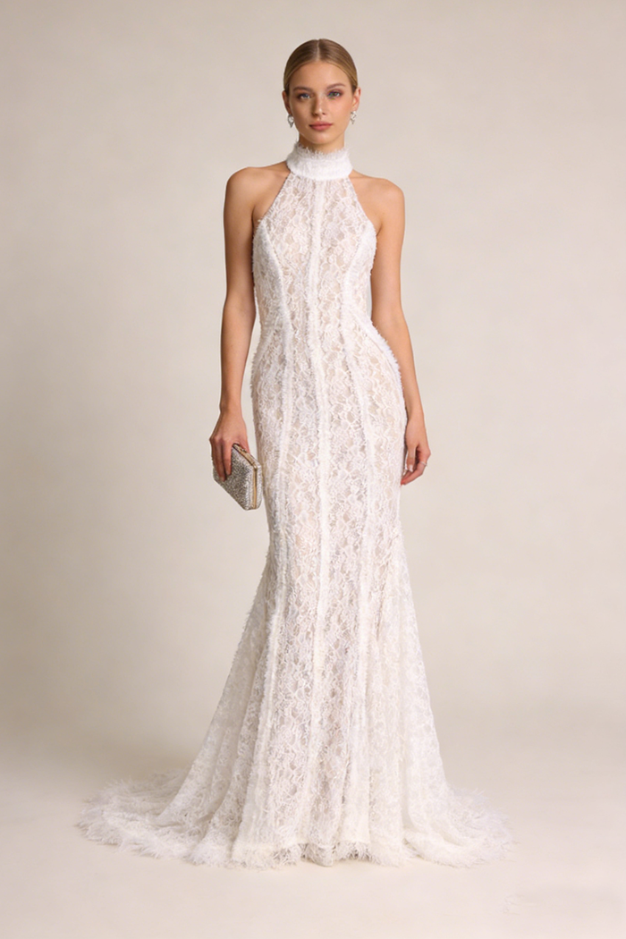 Halter Open Back Lace Wedding Gown