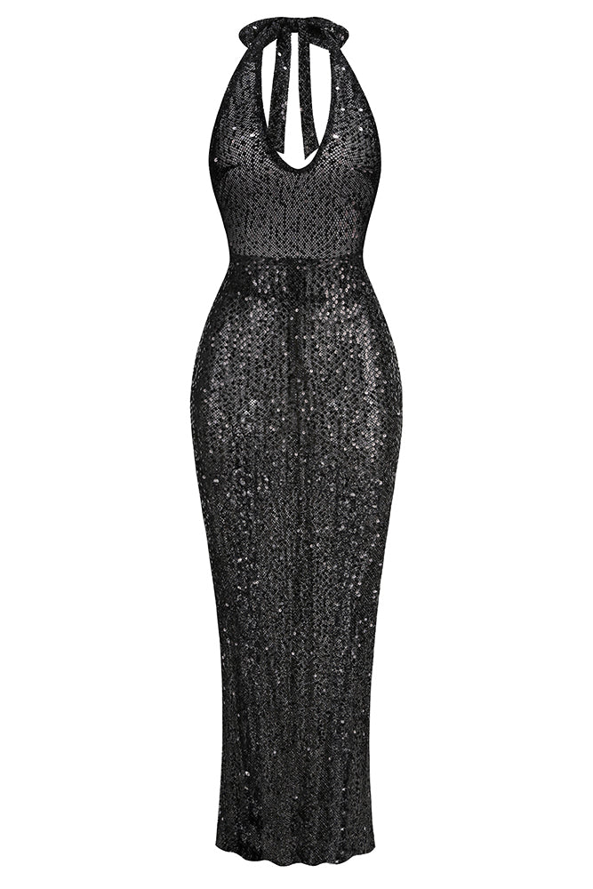 Halter Plunging Sequin Maxi Dress in Silver Black