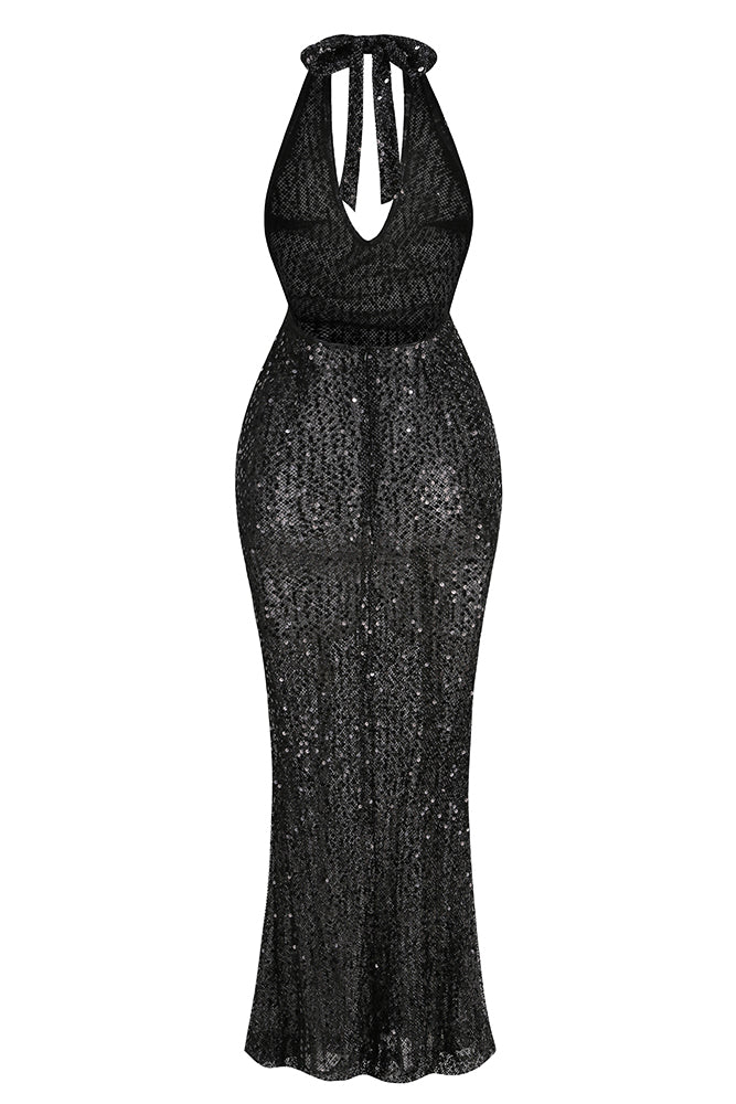 Halter Plunging Sequin Maxi Dress in Silver Black