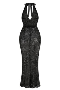 Halter Plunging Sequin Maxi Dress in Silver Black