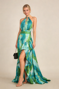 Halter Ruffle Pinted Maxi Dress