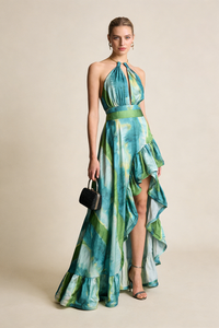 Halter Ruffle Pinted Maxi Dress