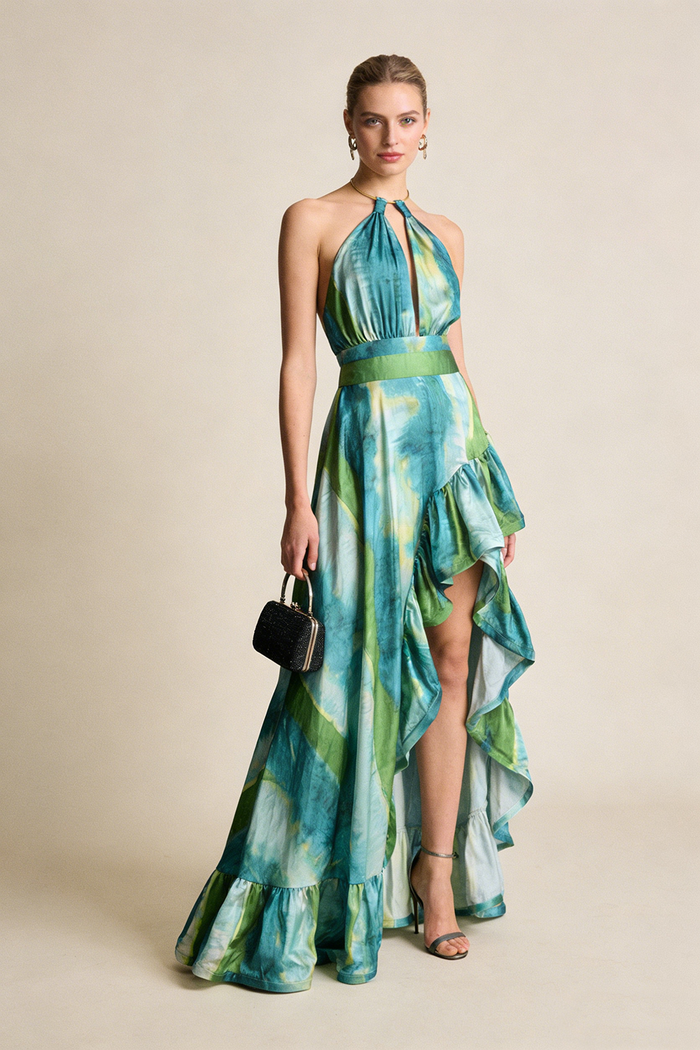 Halter Ruffle Pinted Maxi Dress