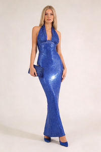 Halter Sequin Embellished Maxi Dress in Blue