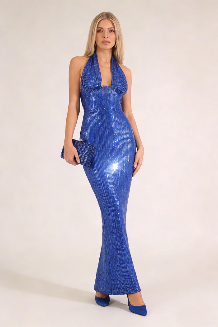 Halter Sequin Embellished Maxi Dress in Blue