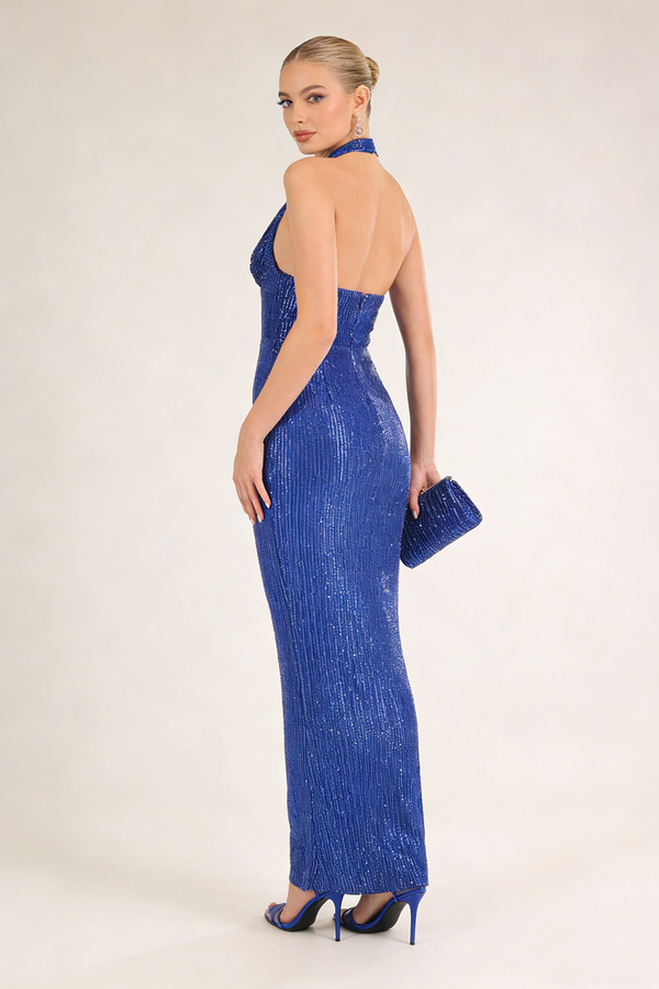 Halter Sequin Embellished Maxi Dress in Blue