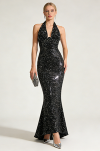 Halter Sequin Embellished Maxi Dress in Black