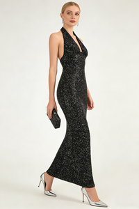 Halter Sequin Embellished Maxi Dress in Black