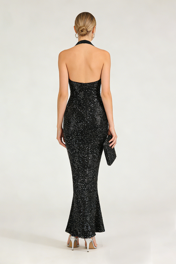 Halter Sequin Embellished Maxi Dress in Black