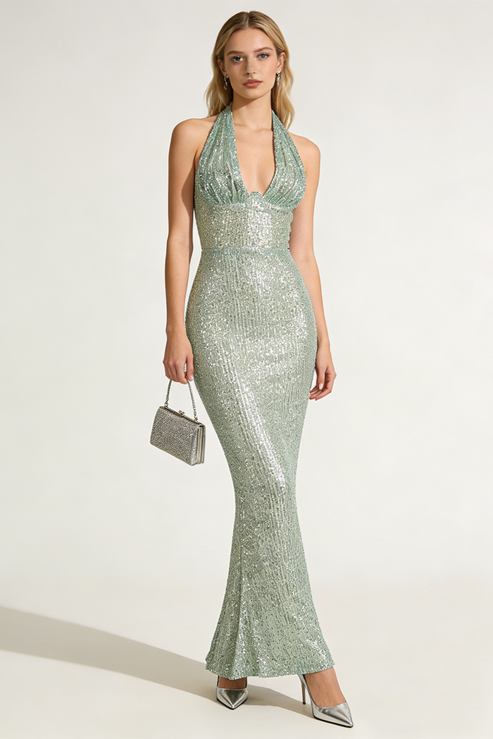 Halter Sequin Embellished Maxi Dress in Green
