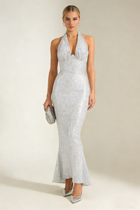 Halter Sequin Embellished Maxi Dress in White