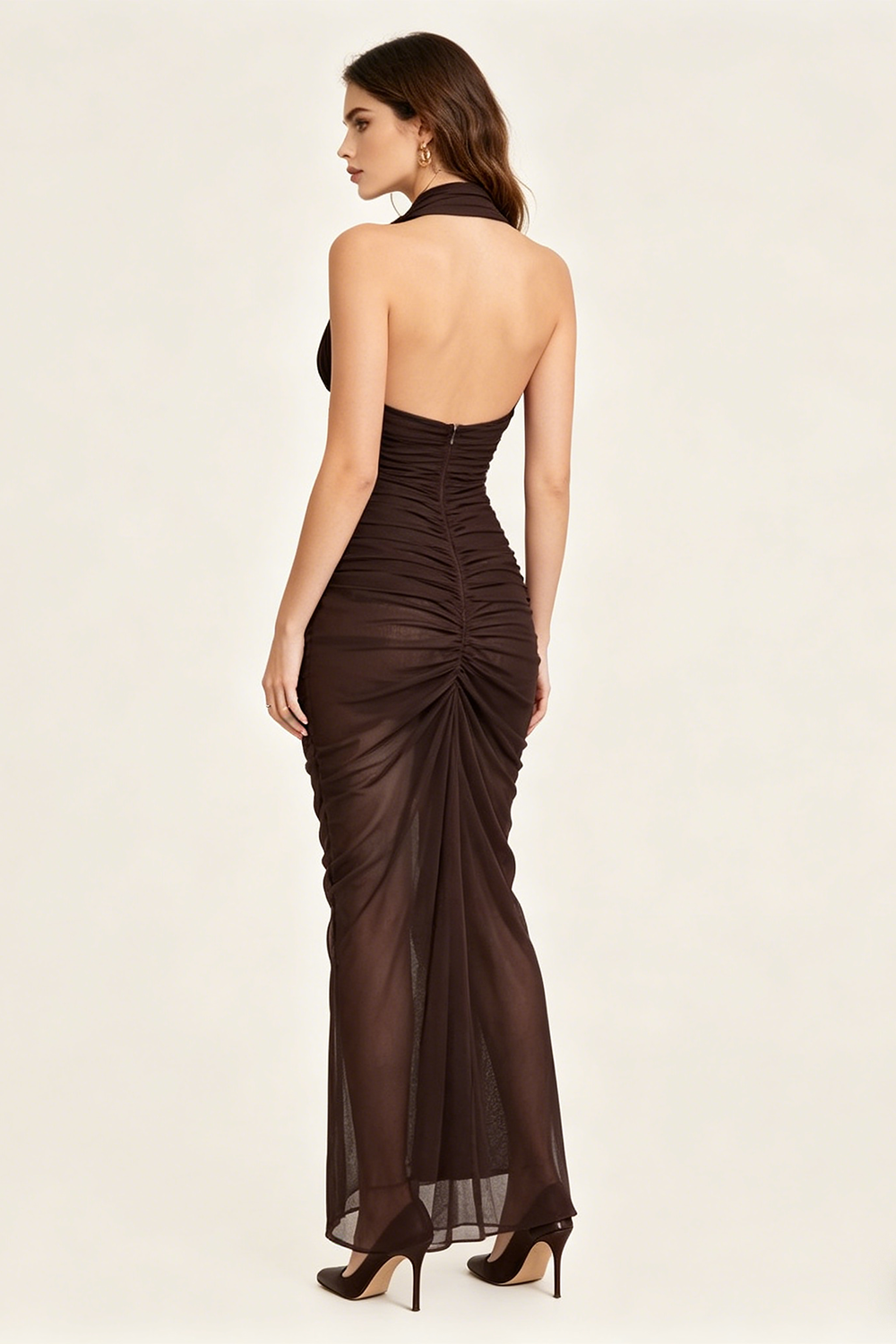 Halterneck Backless Ruched Maxi Dress in Brown CHICIDA Halterneck Backless Ruched Maxi Dress in Brown CHICIDA