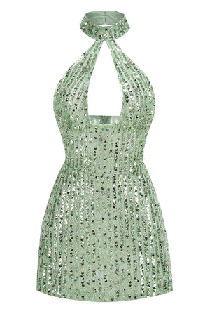 Halterneck Backless Sequins Embellished Mini Dress