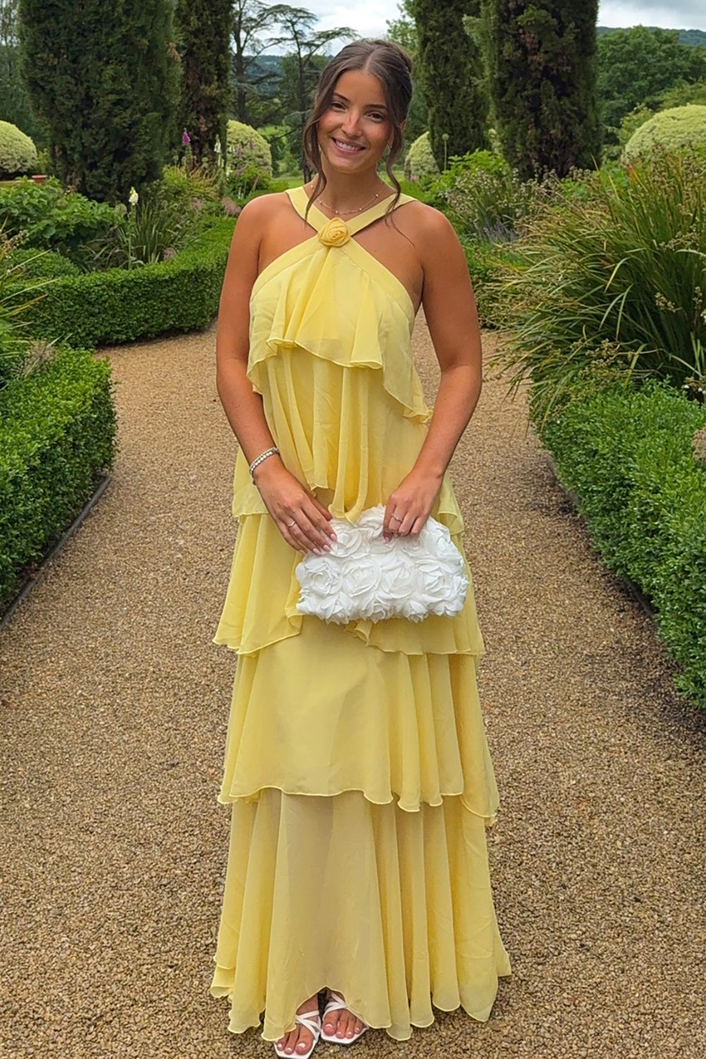 Halterneck Corsage Tiered Detail Maxi Dress