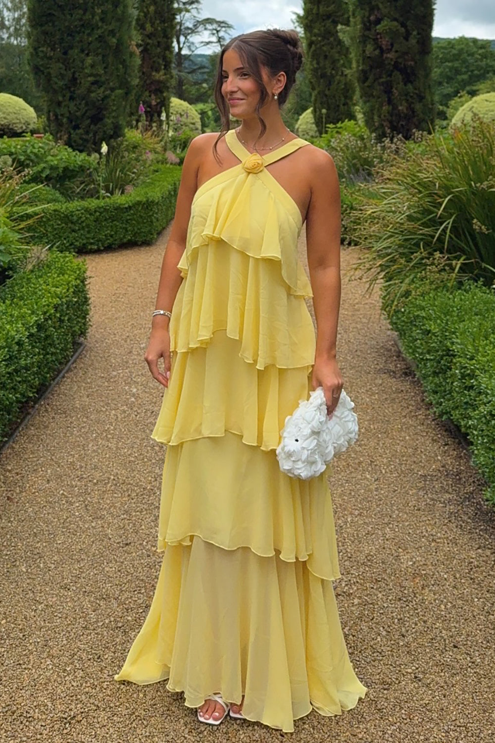 Halterneck Corsage Tiered Detail Maxi Dress