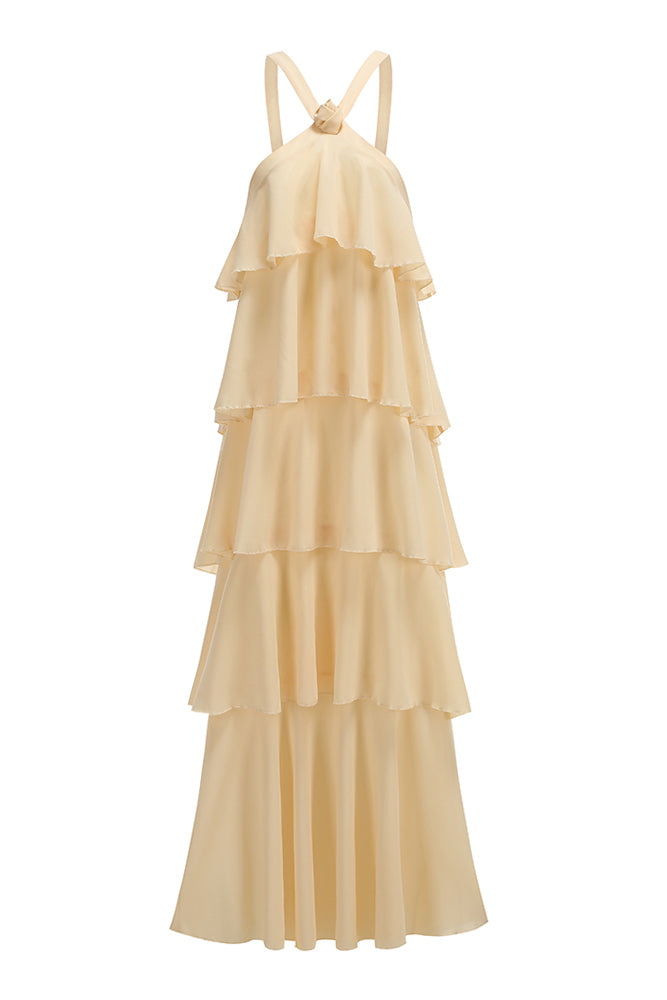 Halterneck Corsage Tiered Detail Maxi Dress
