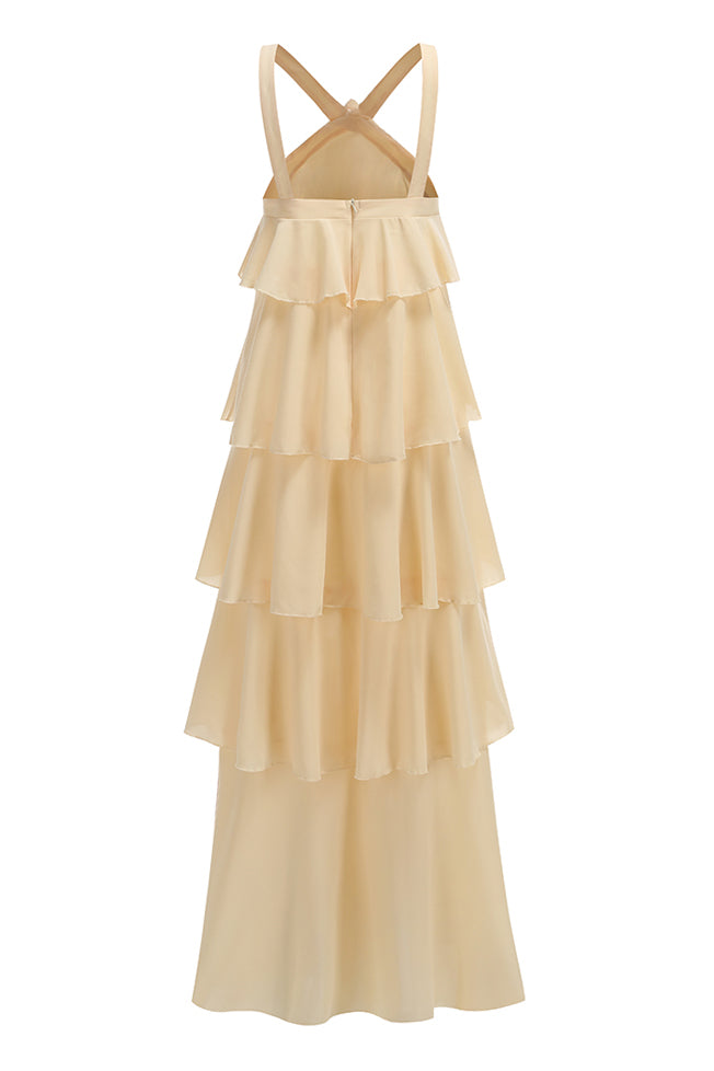 Halterneck Corsage Tiered Detail Maxi Dress
