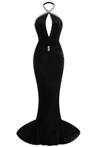 Halterneck Crystal-trim Cut Out Velvet Gown