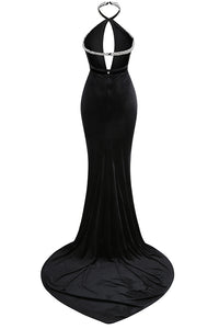 Halterneck Crystal-trim Cut Out Velvet Gown