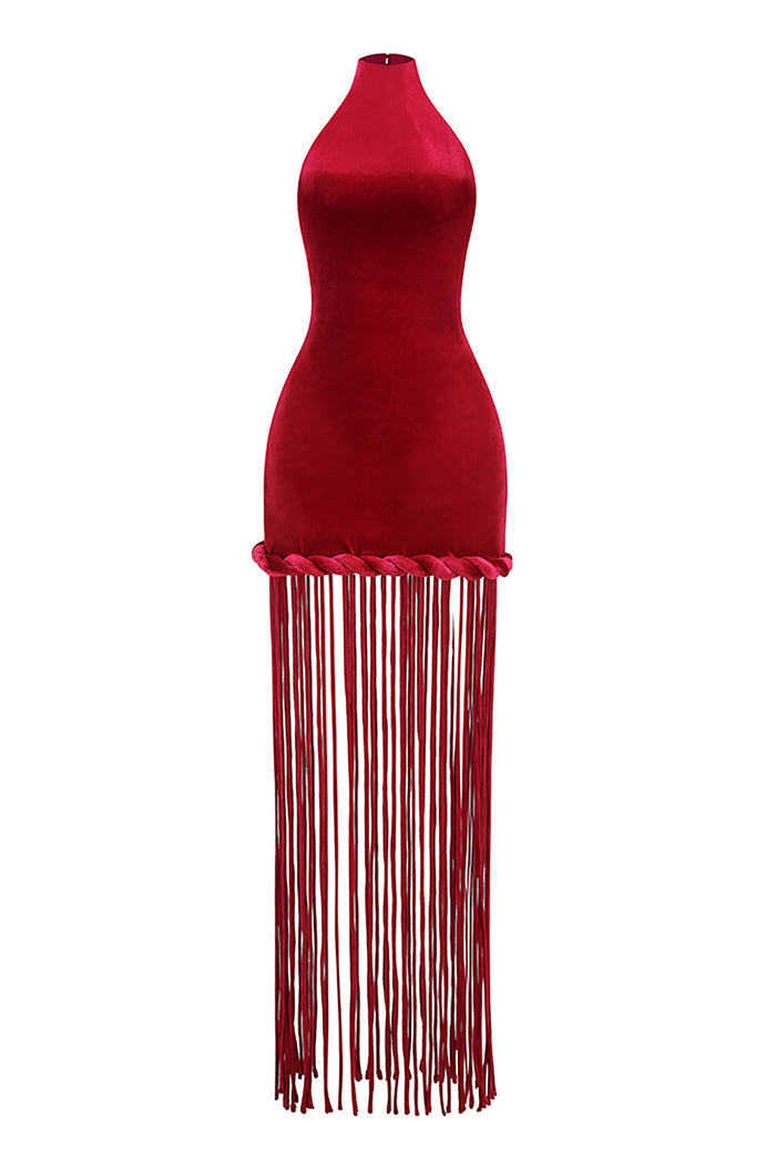 Halterneck Fringe Velvet Dress in Burgundy