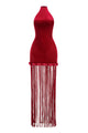 Halterneck Fringe Velvet Dress in Burgundy