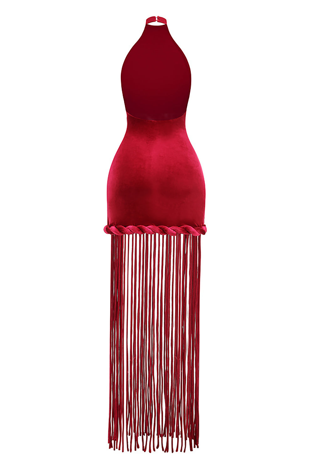 Halterneck Fringe Velvet Dress in Burgundy