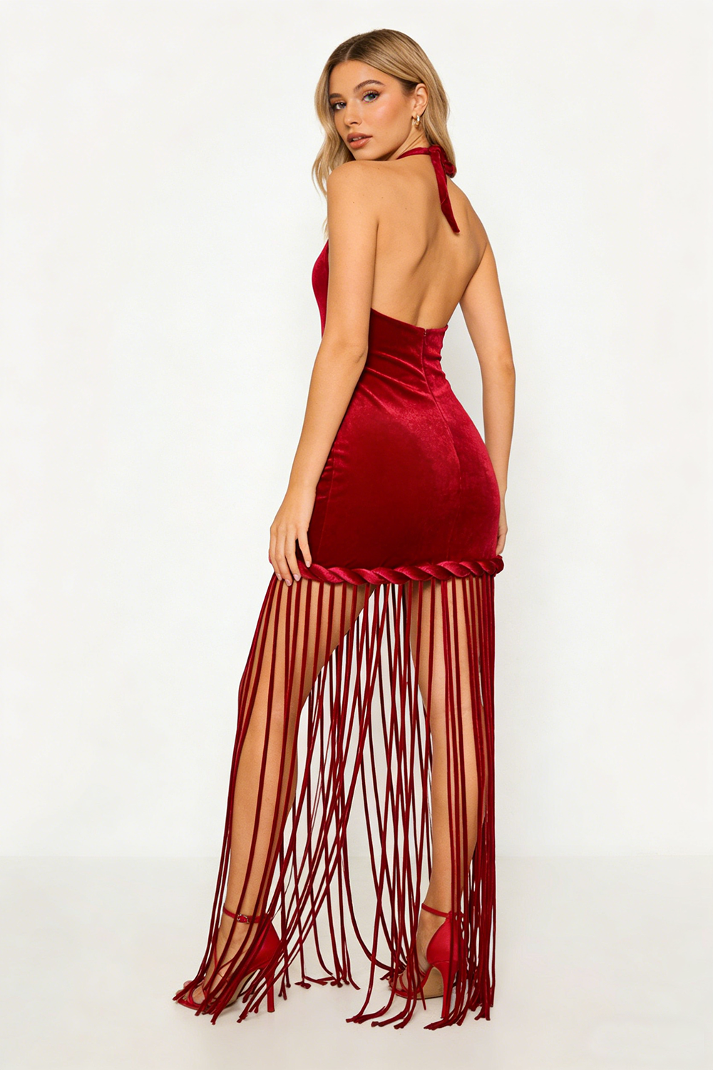 Halterneck Fringe Velvet Dress in Burgundy