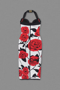 Halterneck Jacquard Knit Dress in Red Roses