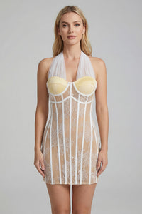 Halterneck Lace Mini Dress  in White