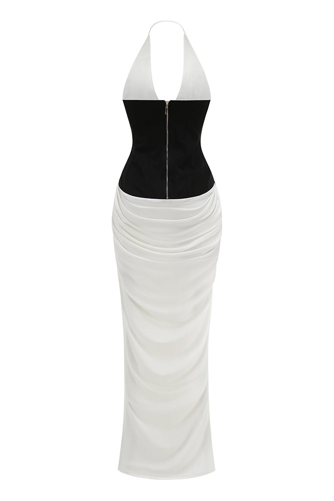 Halterneck White and Black Corset Maxi Dress