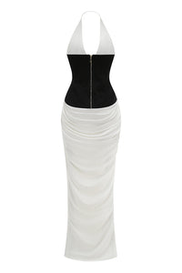 Halterneck White and Black Corset Maxi Dress
