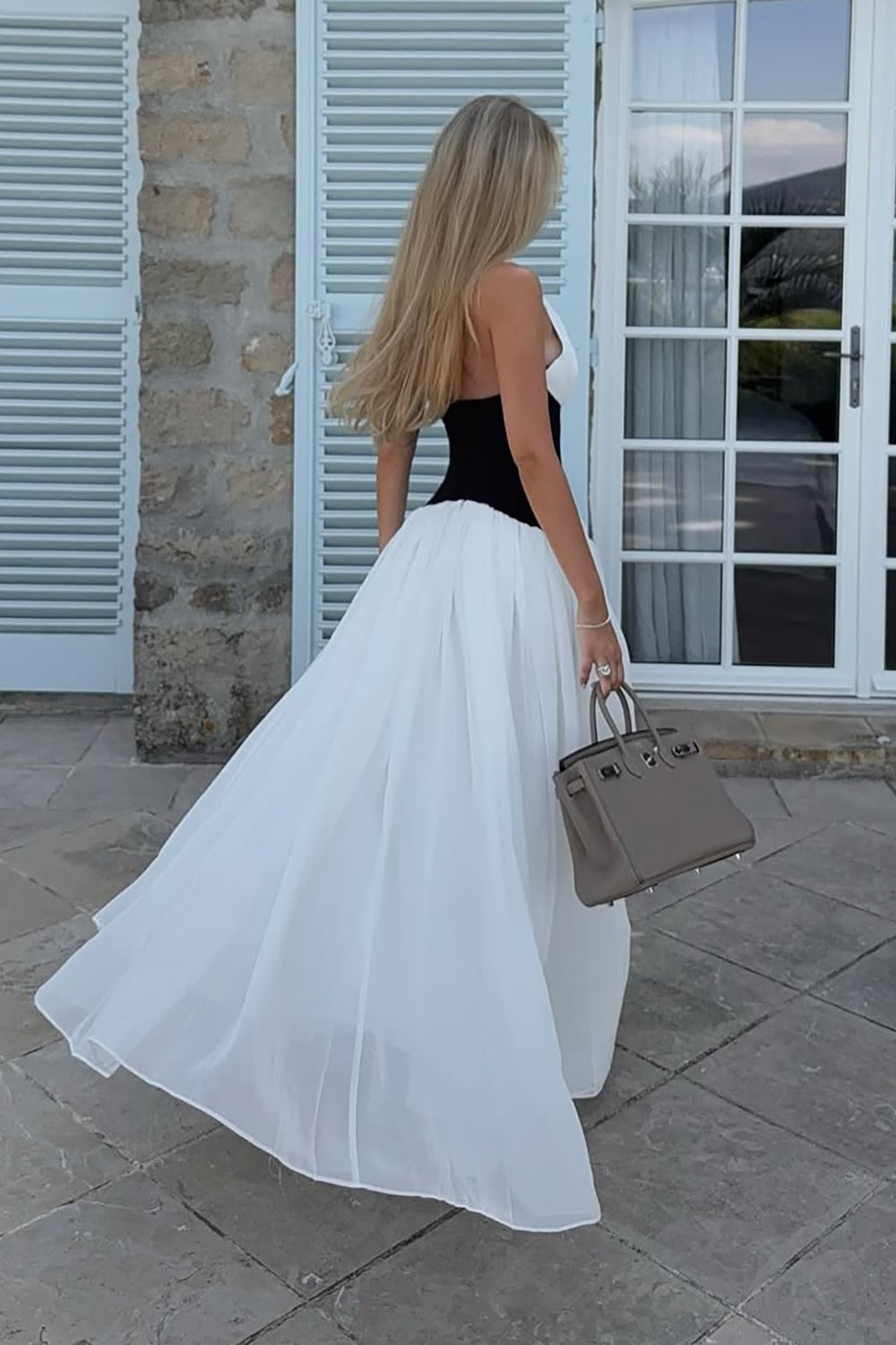 Halterneck White and Black Corset Maxi Dress