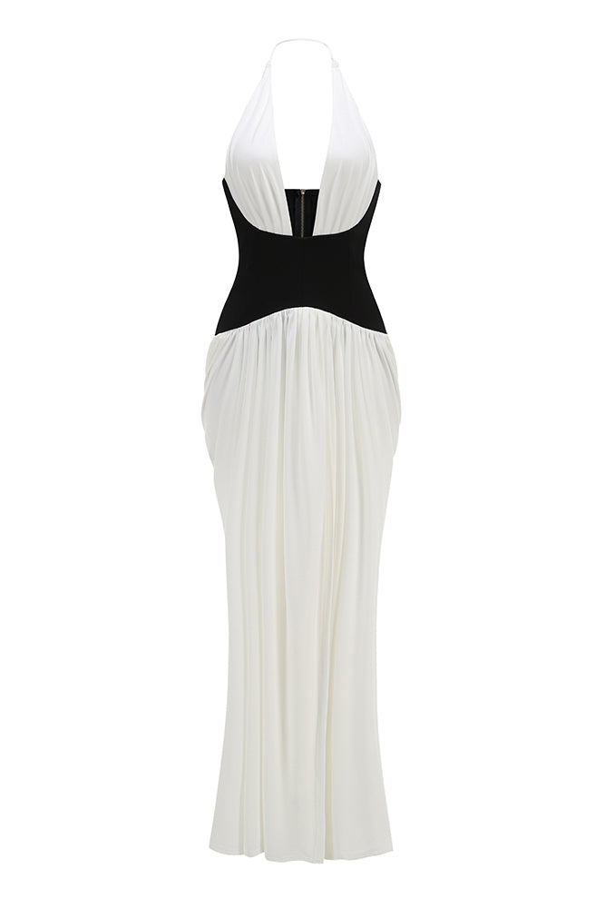 Halterneck White and Black Corset Maxi Dress