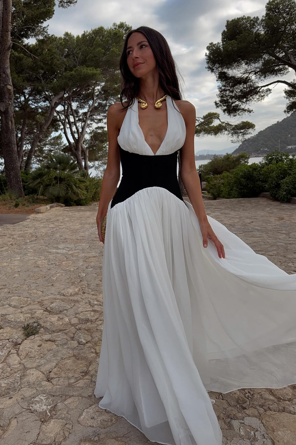 Halterneck White and Black Corset Maxi Dress