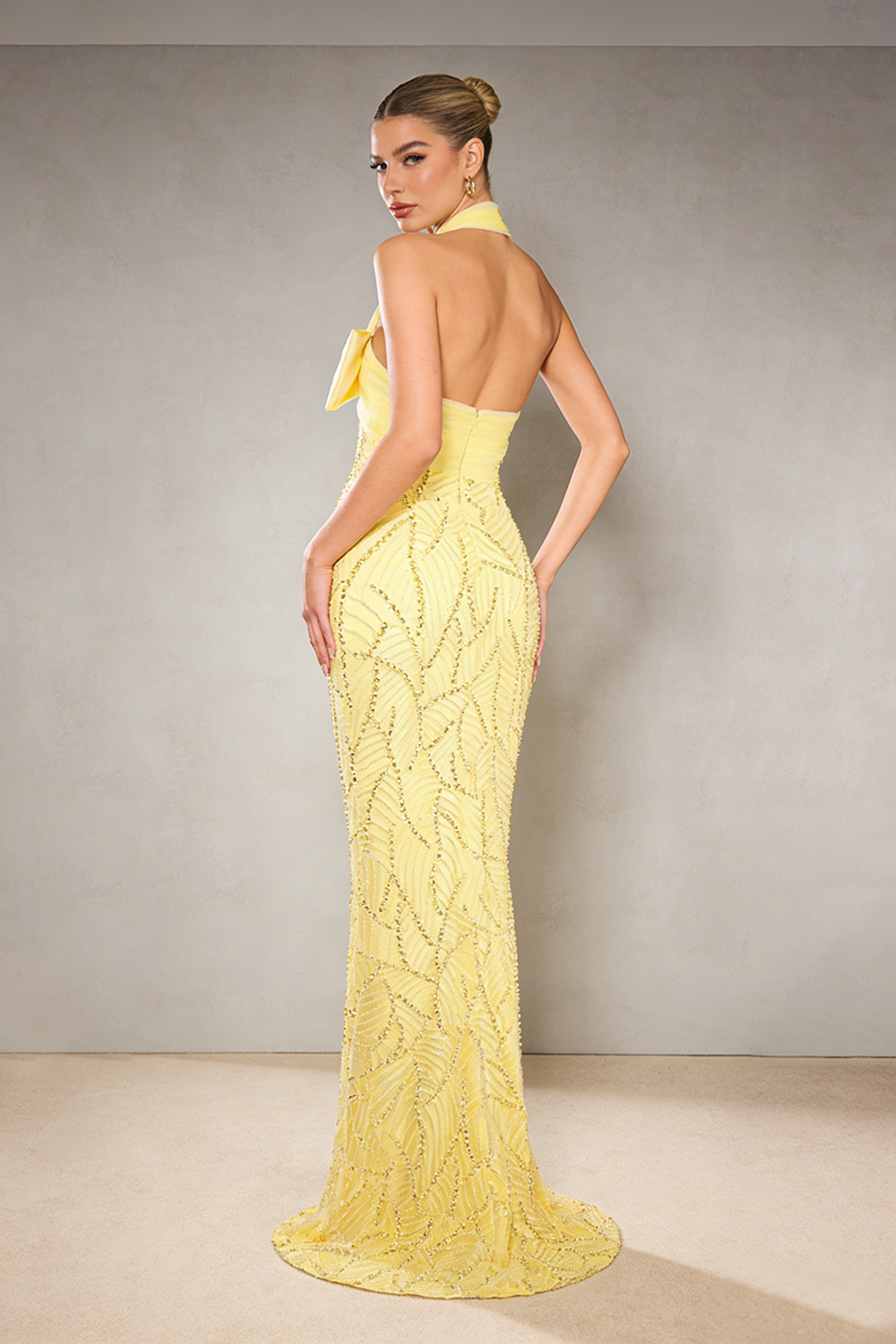 Halterneck Bowknot Beaded Gown