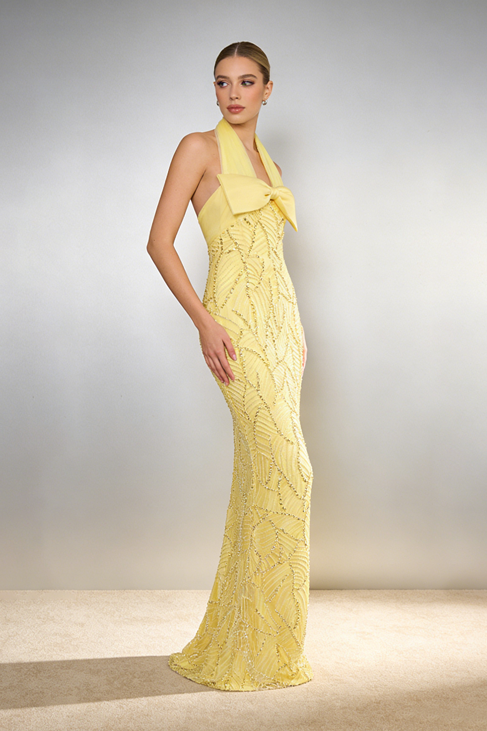 Halterneck Bowknot Beaded Gown