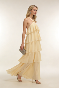 Halterneck Corsage Tiered Detail Maxi Dress