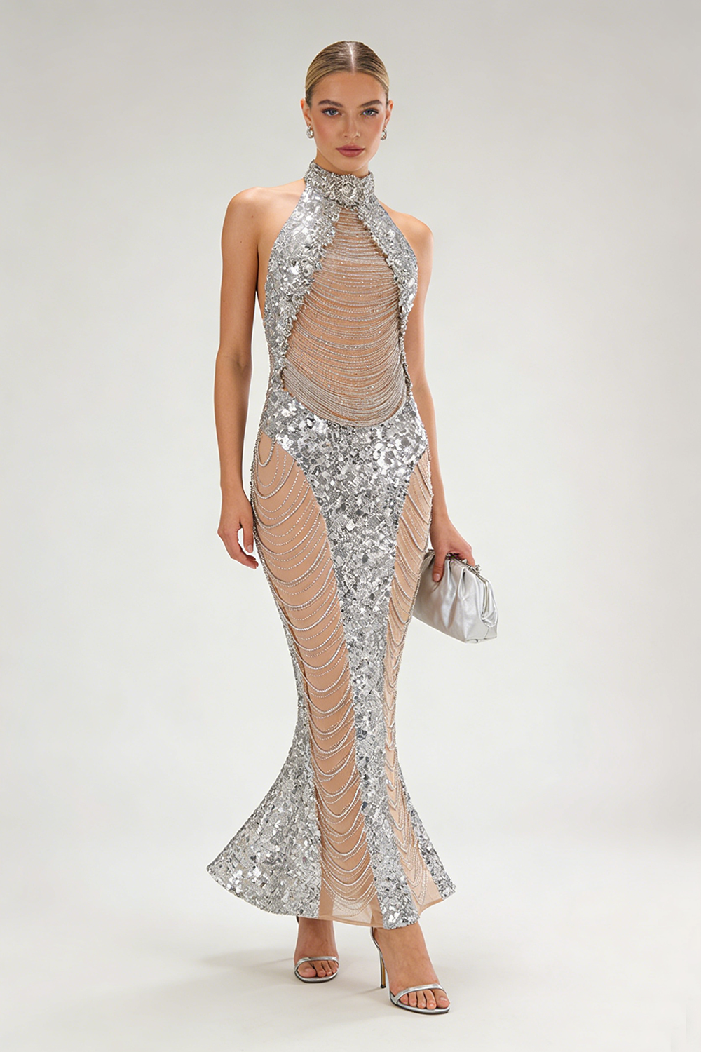 Halterneck Sequin Crystal Embellished Gown