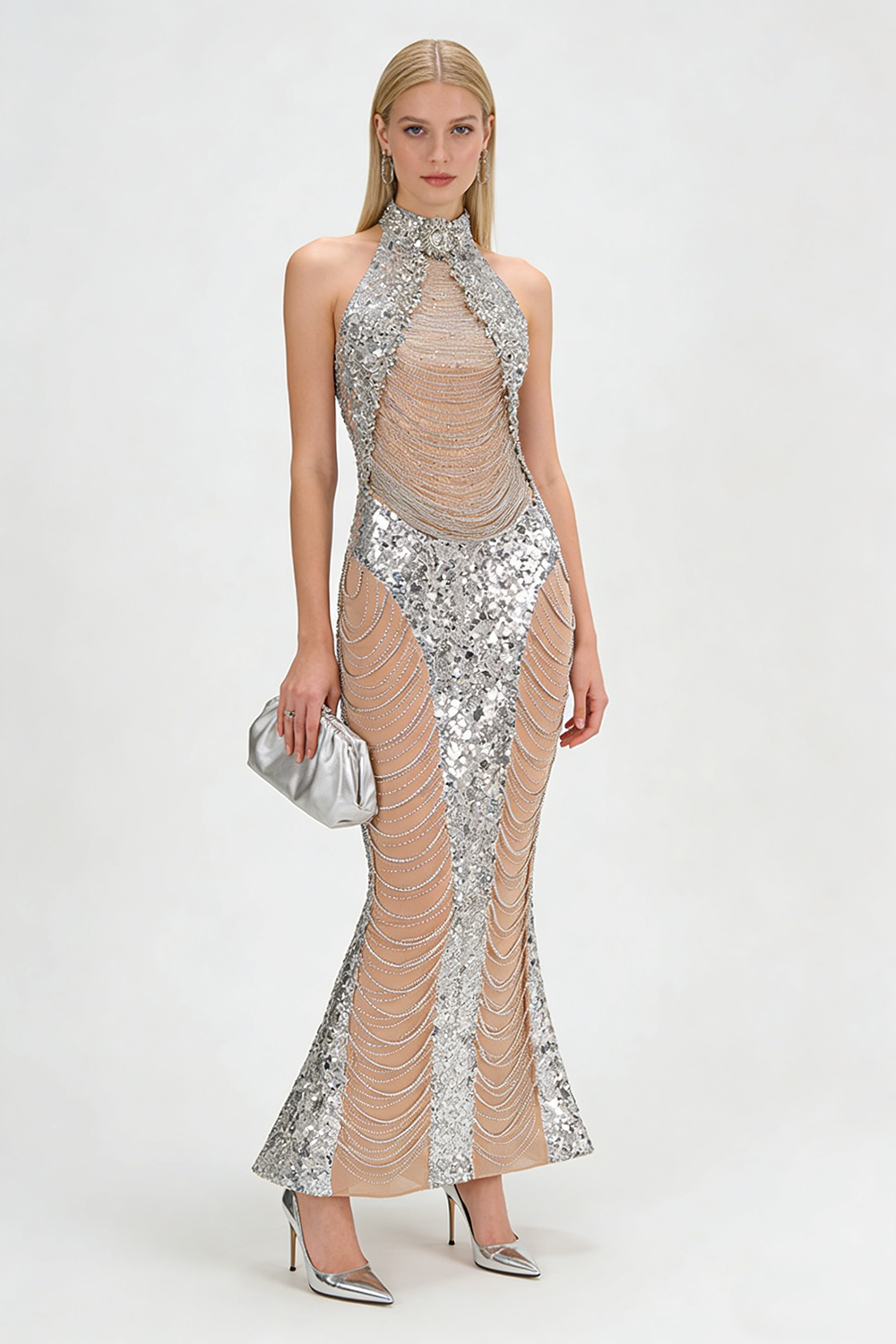 Halterneck Sequin Crystal Embellished Gown