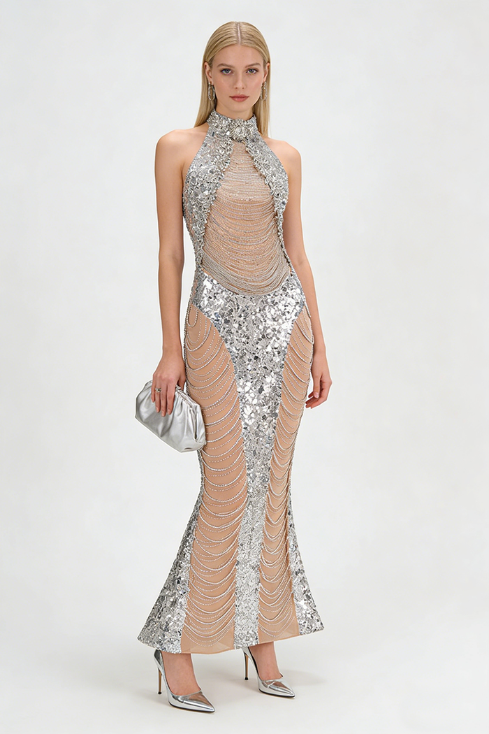 Halterneck Sequin Crystal Embellished Gown