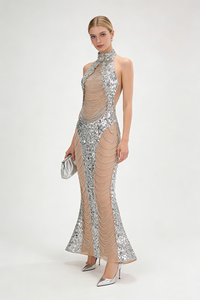 Halterneck Sequin Crystal Embellished Gown